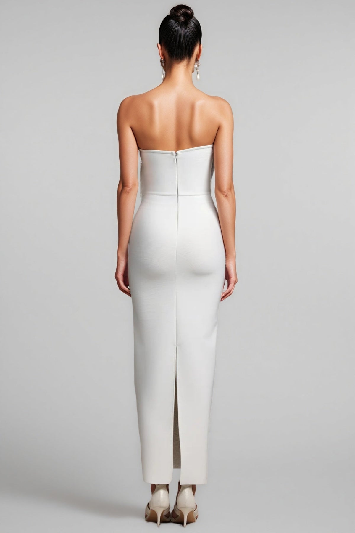 Feather Trim Strapless Column Bodycon Maxi Gown - View 5