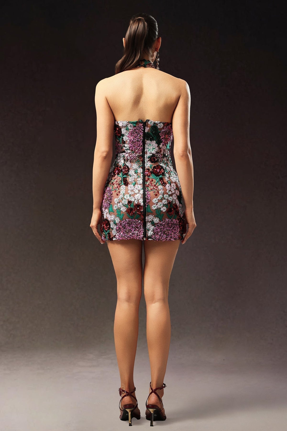 Halter Neck Sleeveless Floral Sequin Bodycon Mini Dress - View 6