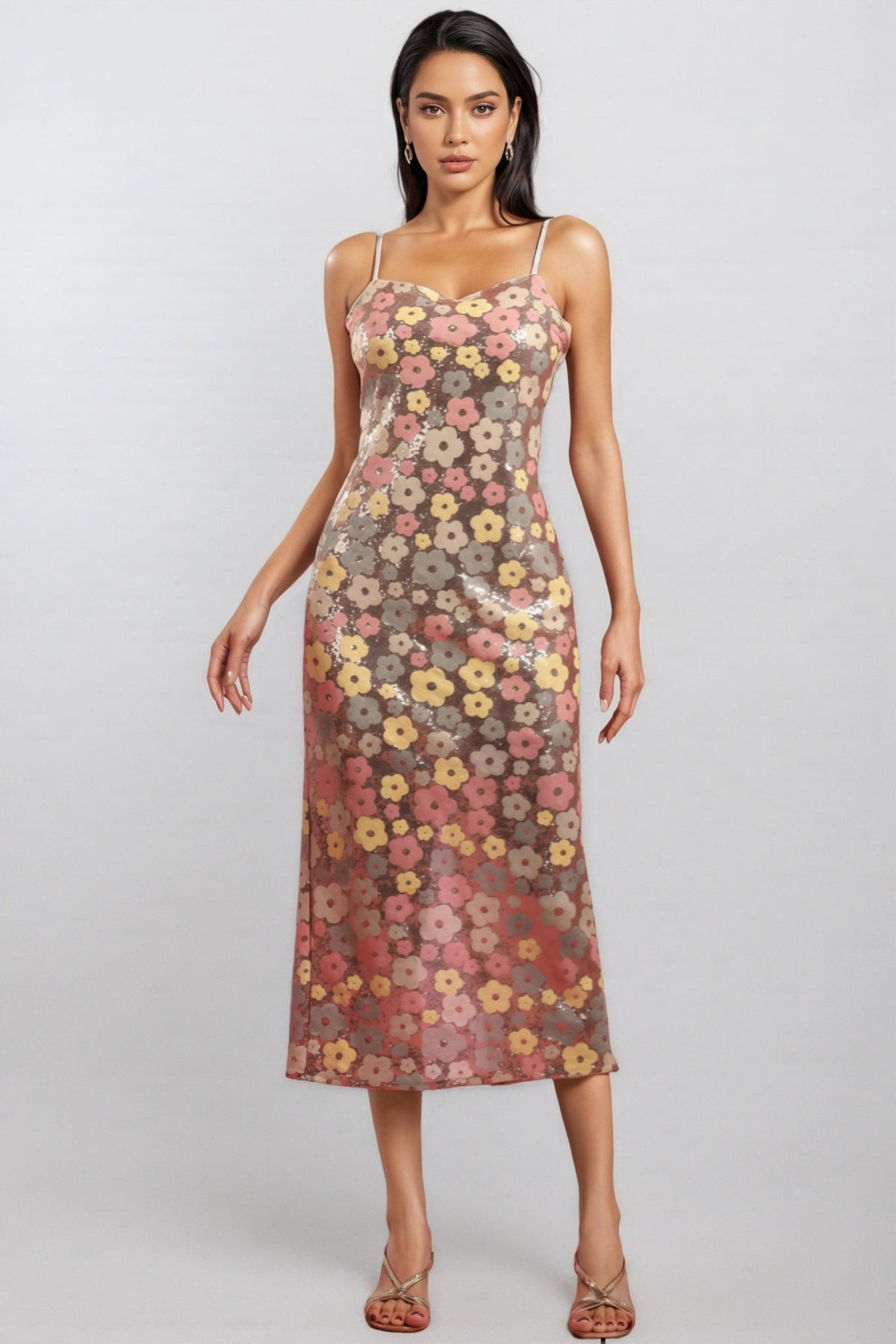 Floral Sequin Spaghetti Strap Bodycon Midi Dress