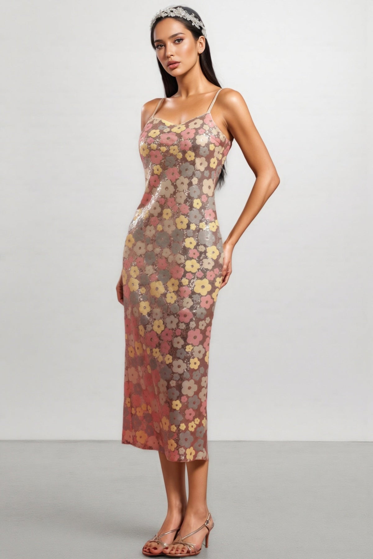 Floral Sequin Spaghetti Strap Bodycon Midi Dress - View 2