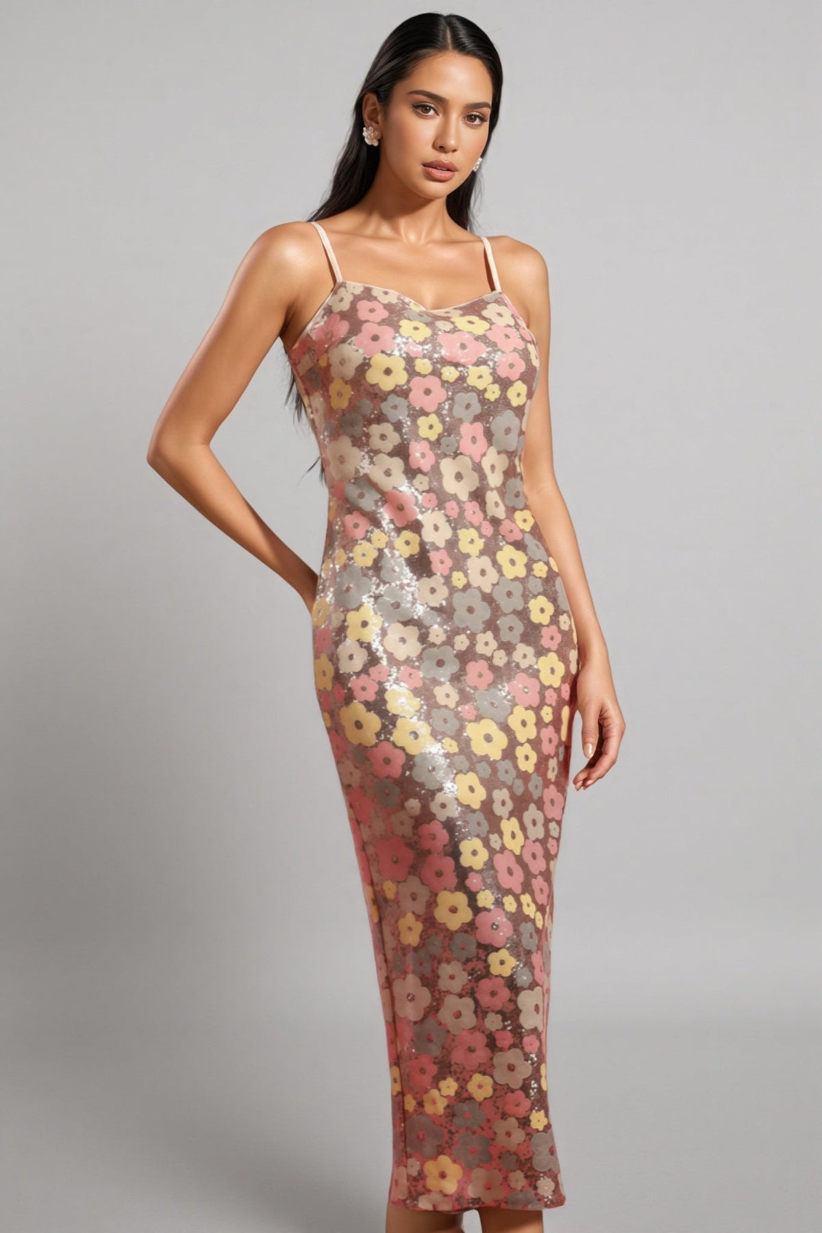 Floral Sequin Spaghetti Strap Bodycon Midi Dress - View 4