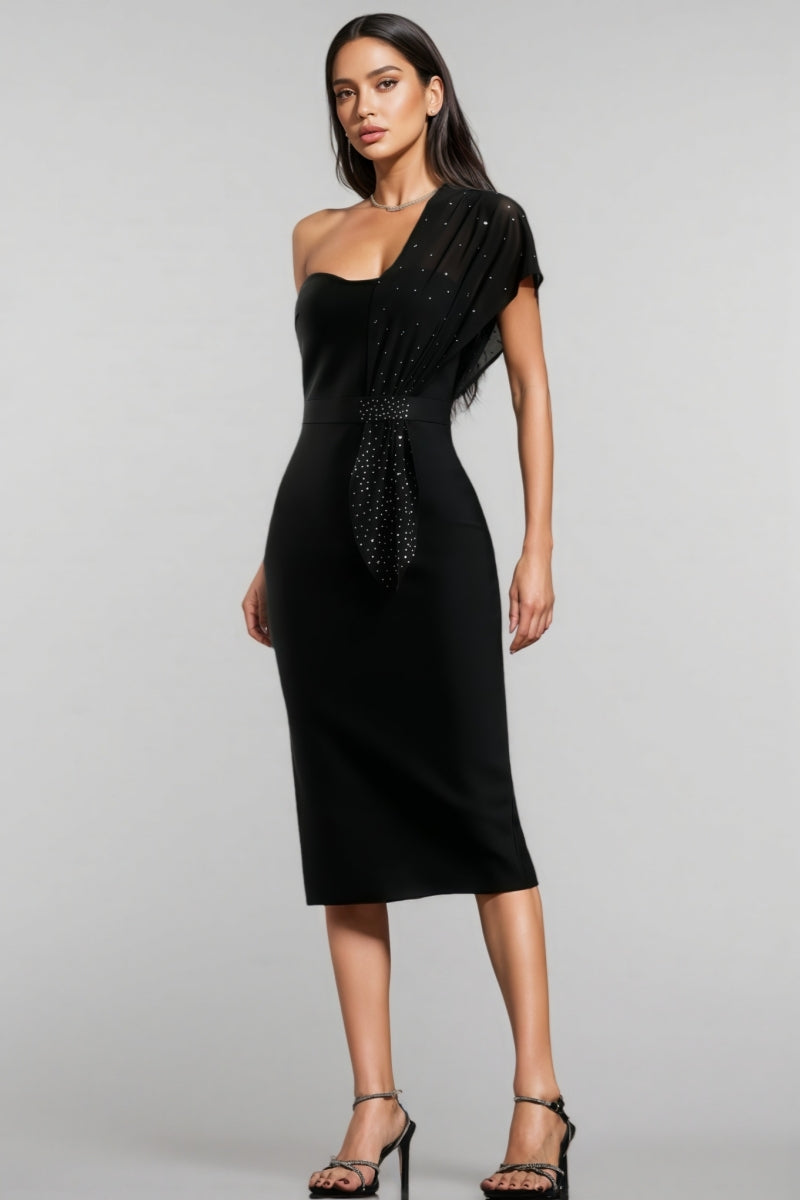 One Shoulder Rhinestone Sheer Drape Sash Bandage Midi Dress - View 2