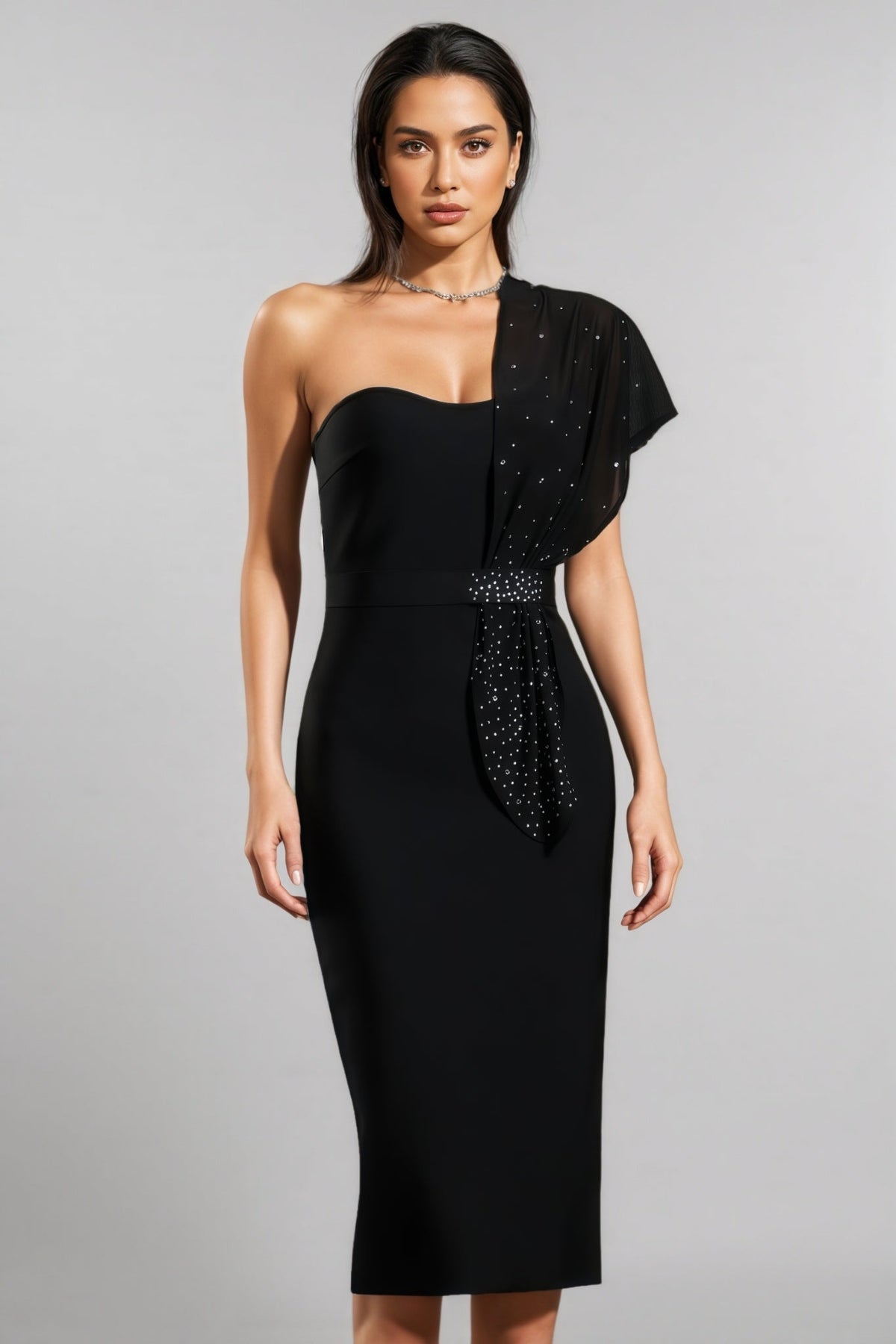 One Shoulder Rhinestone Sheer Drape Sash Bandage Midi Dress - View 4