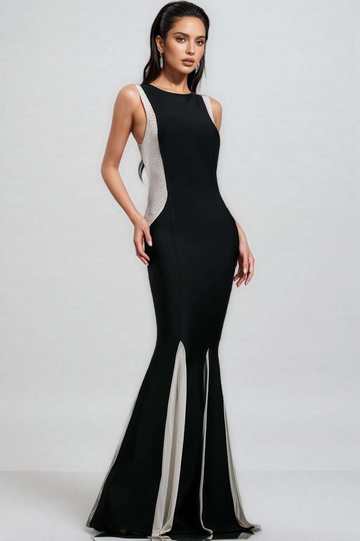 Rhinestone Side Panel Godet Insert Sleeveless Mermaid Maxi Gown - View 2