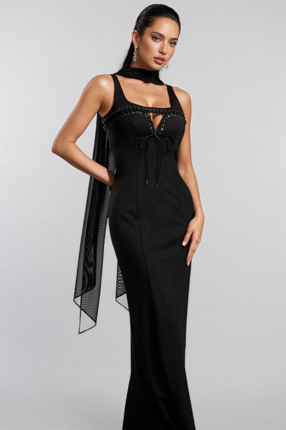 Lace Up Keyhole Grommet Trim Neck Scarf Bandage Maxi Gown - View 5