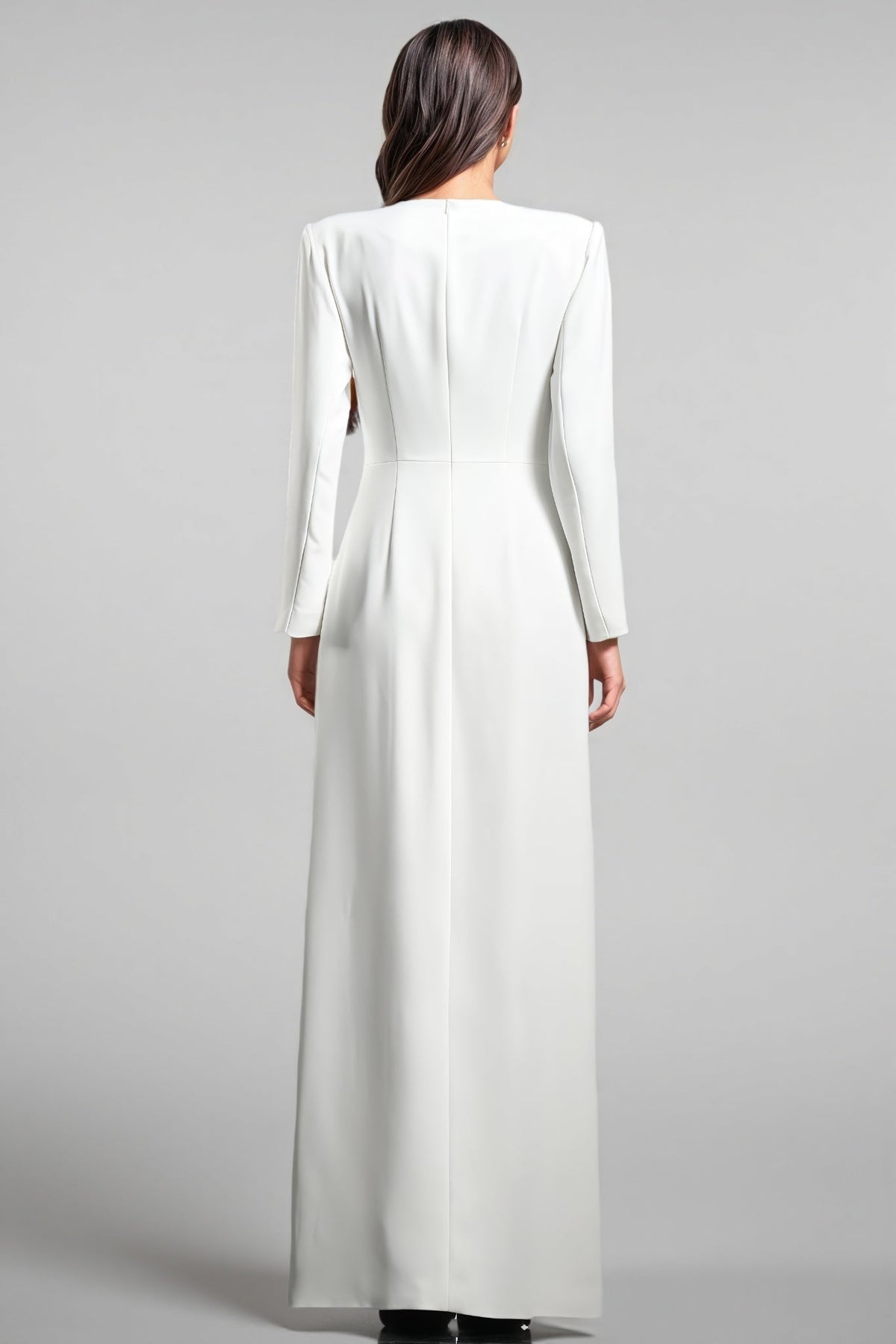 Beaded Floral Applique Long Sleeve Crew Neck Column Maxi Gown - View 3