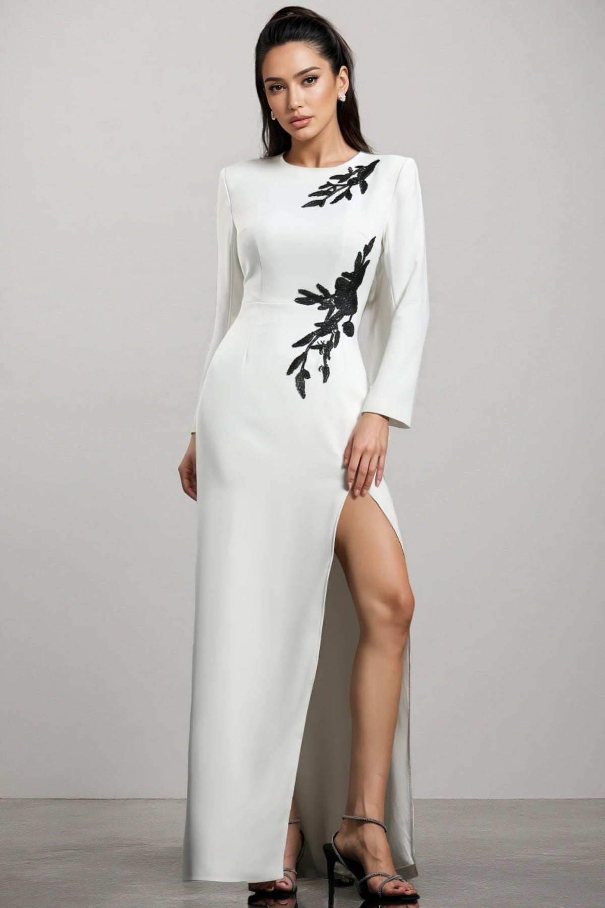 Beaded Floral Applique Long Sleeve Crew Neck Column Maxi Gown
