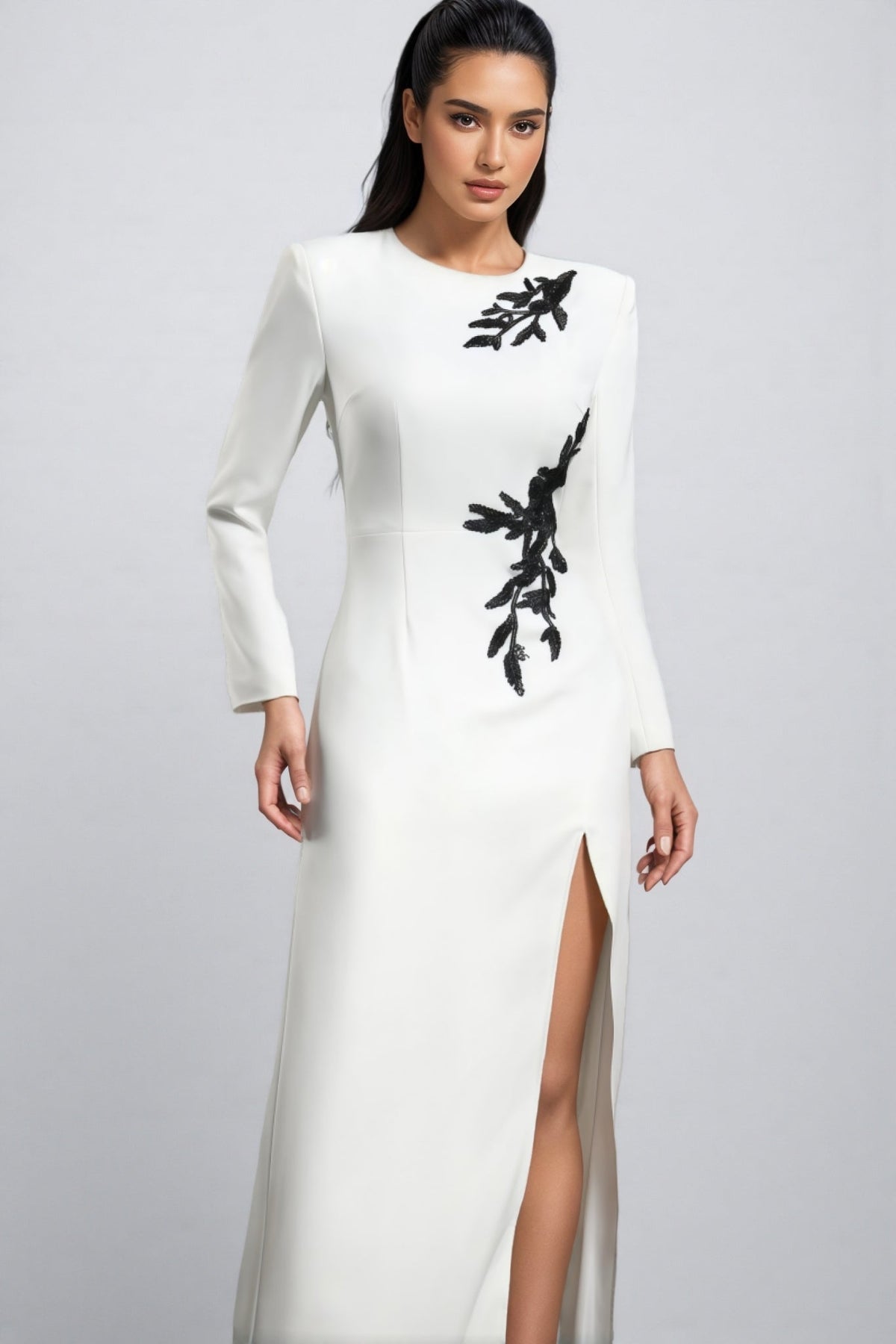 Beaded Floral Applique Long Sleeve Crew Neck Column Maxi Gown - View 4