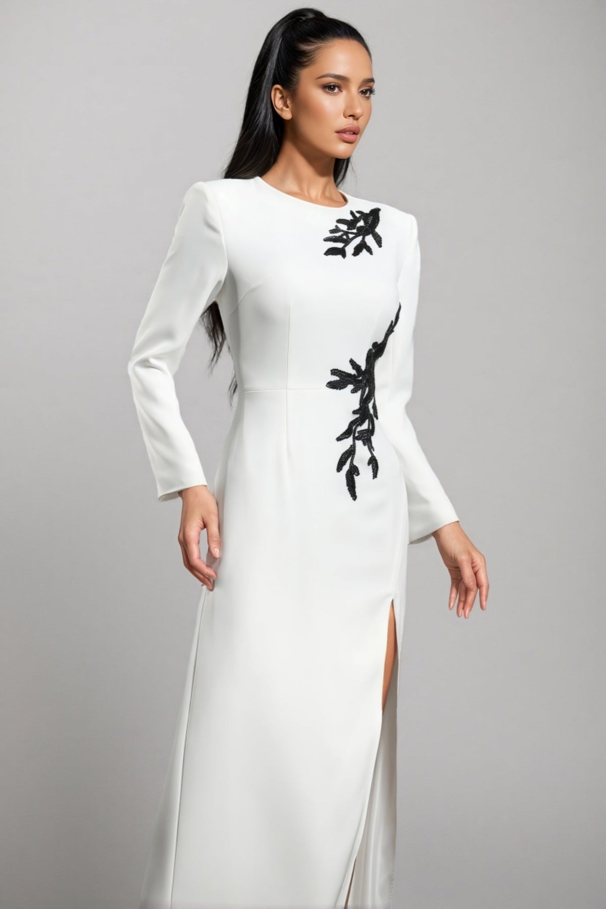 Beaded Floral Applique Long Sleeve Crew Neck Column Maxi Gown - View 5