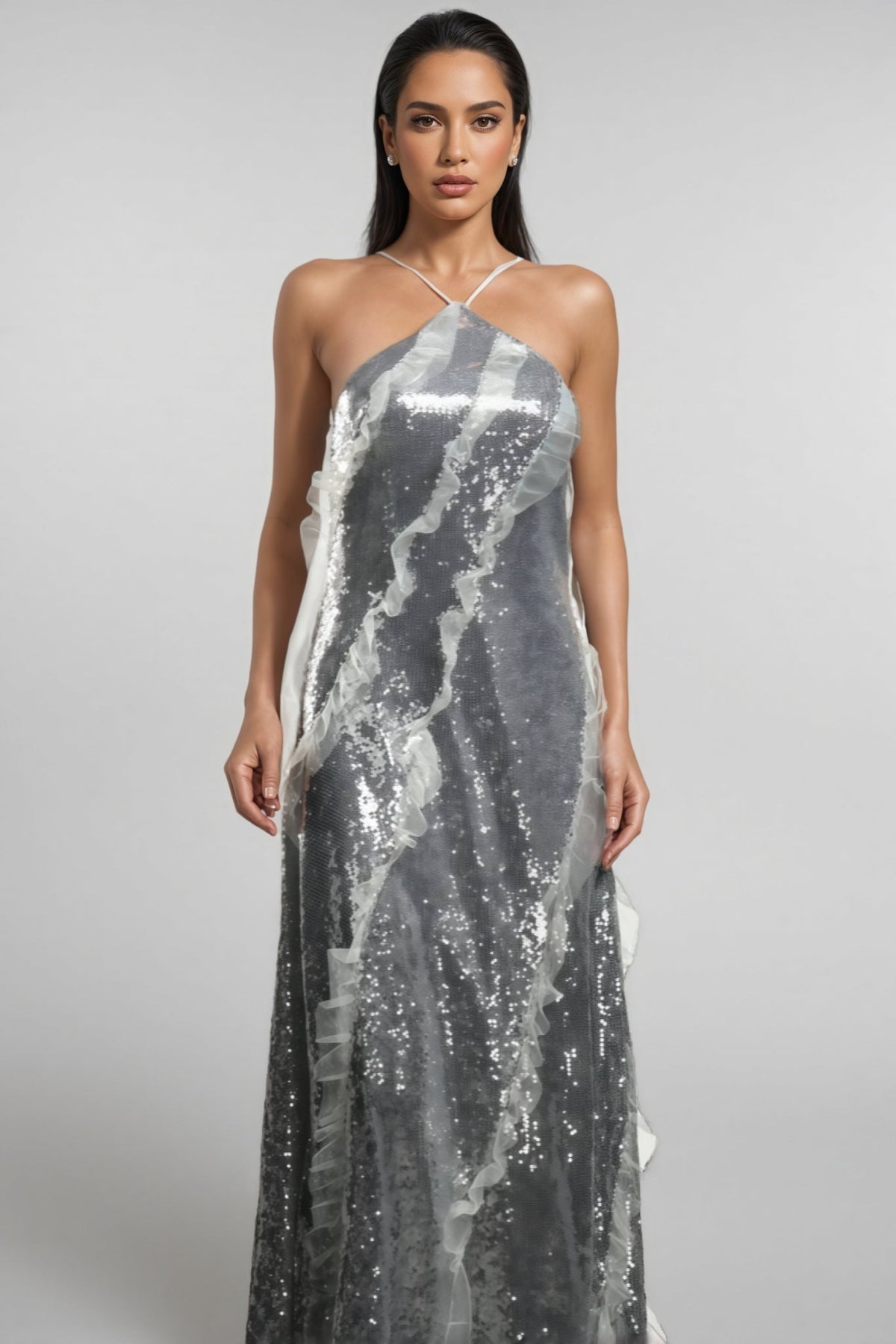 Sequin Halter Neck Organza Ruffle A-Line Maxi Dress - View 4