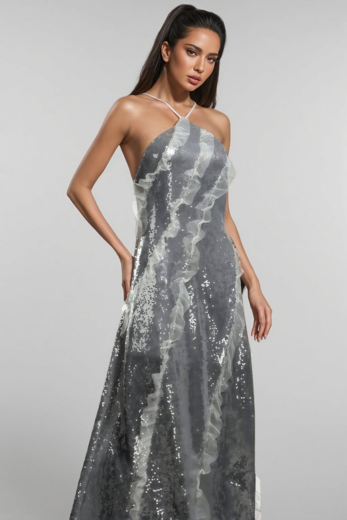Sequin Halter Neck Organza Ruffle A-Line Maxi Dress - View 5