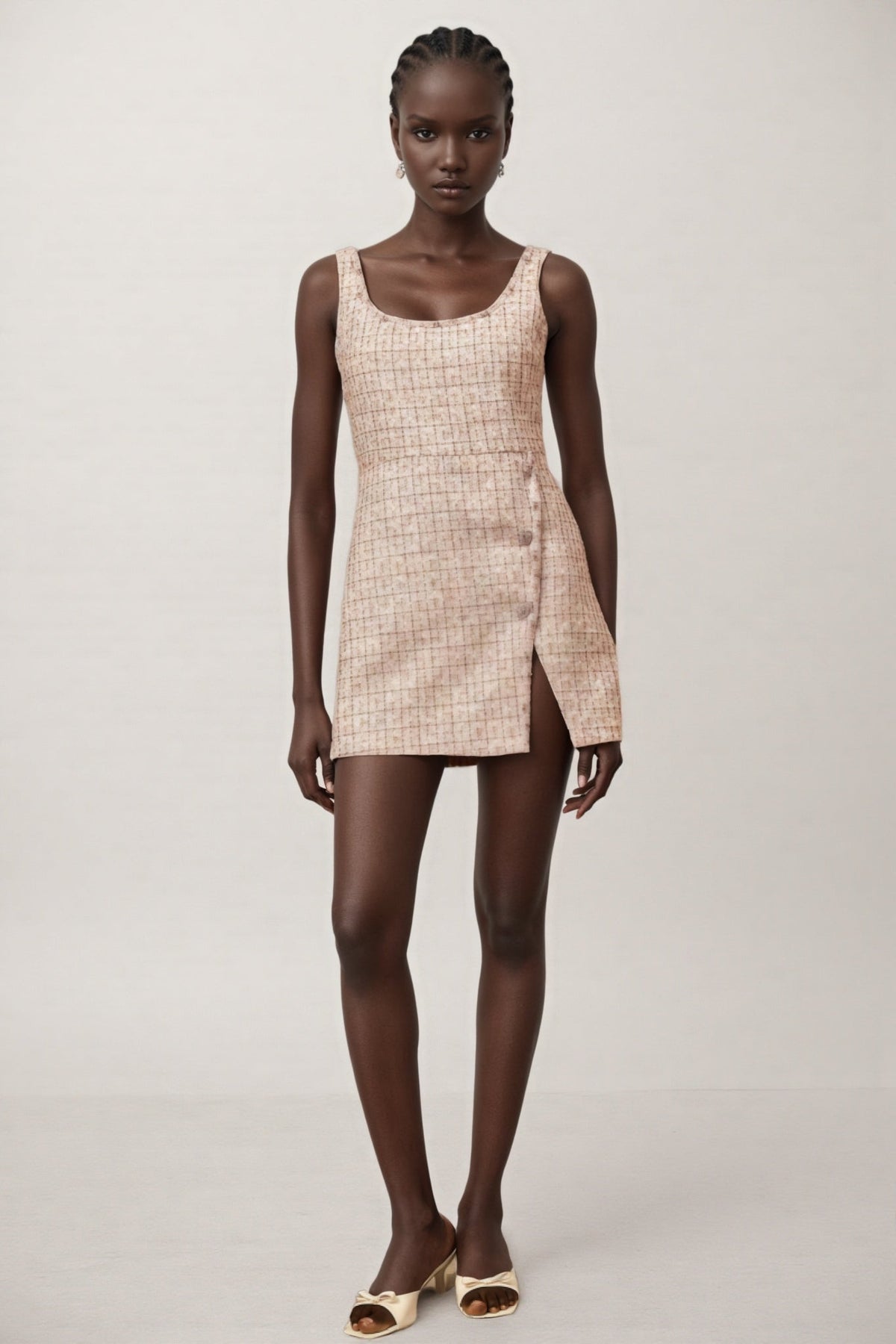 Tweed Grid Check Scoop Neck Sleeveless Wrap Front Mini Dress