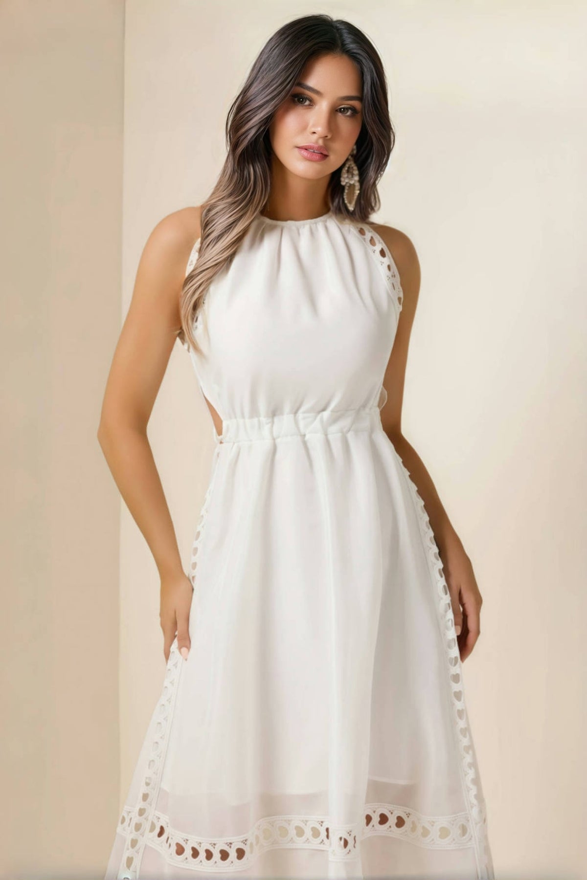 Heart Eyelet Halter Neck A-Line Midi Dress - View 4