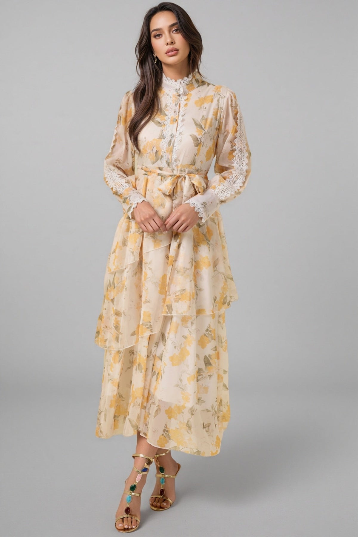 Leonasd Lace Splicing Chiffon Ruffle Midi Dress