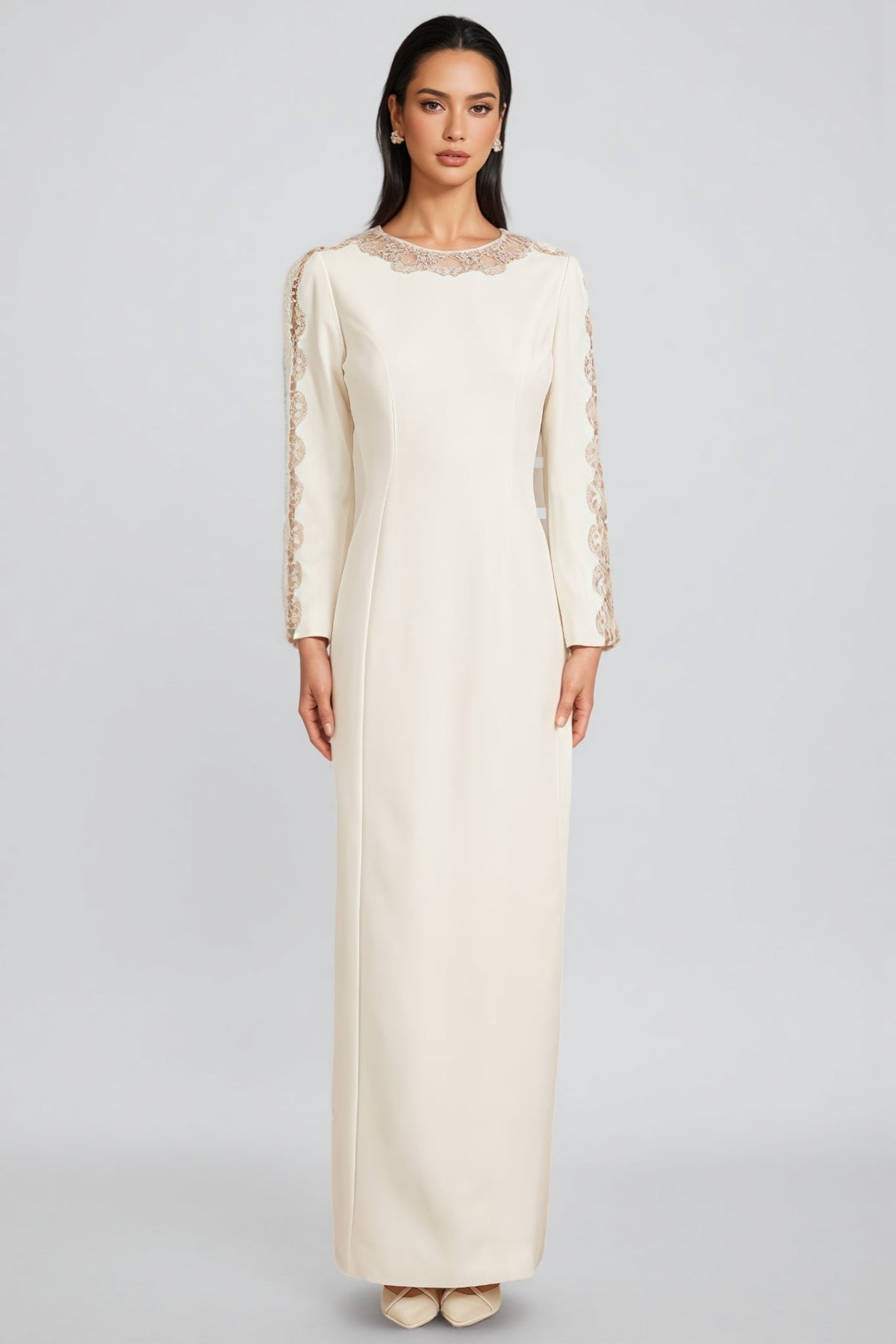 Lace Trim Round Neck Long Sleeve Princess Seam Column Maxi Gown - View 2