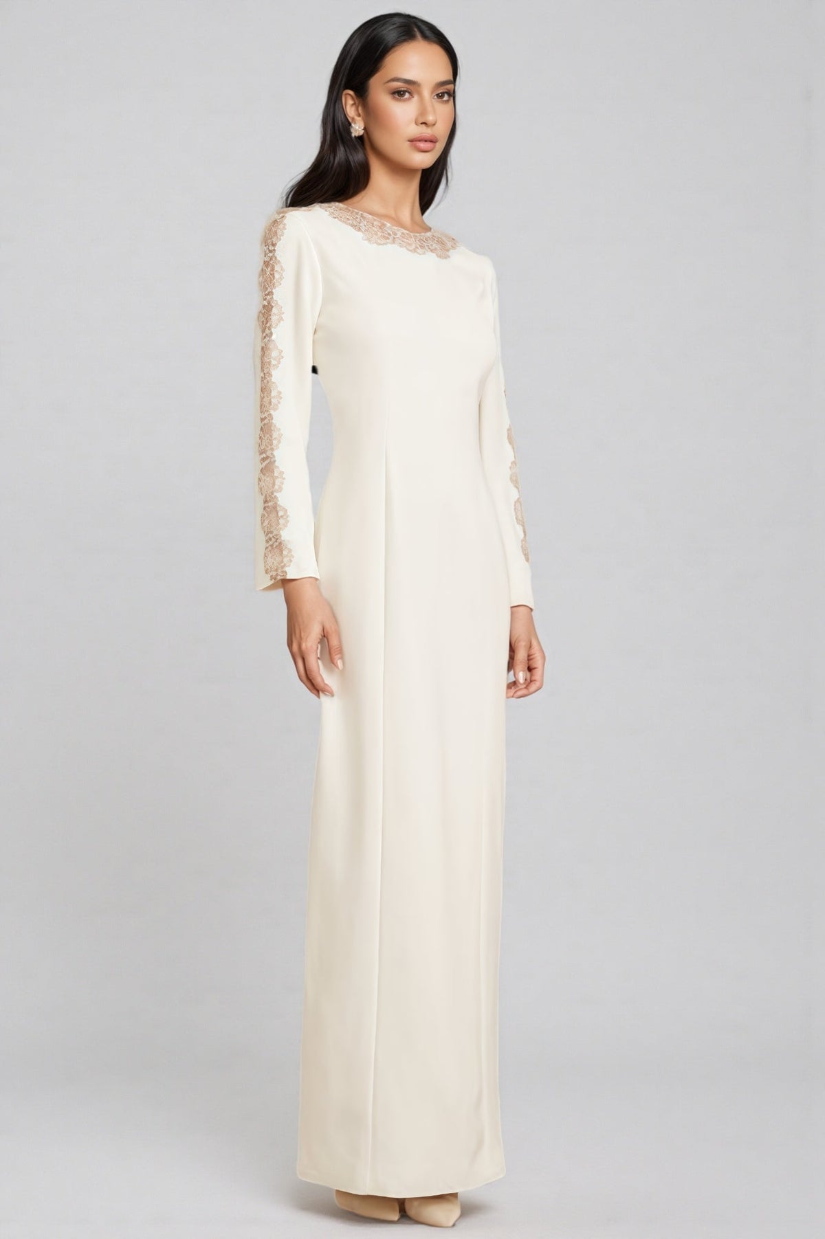 Lace Trim Round Neck Long Sleeve Princess Seam Column Maxi Gown - View 7