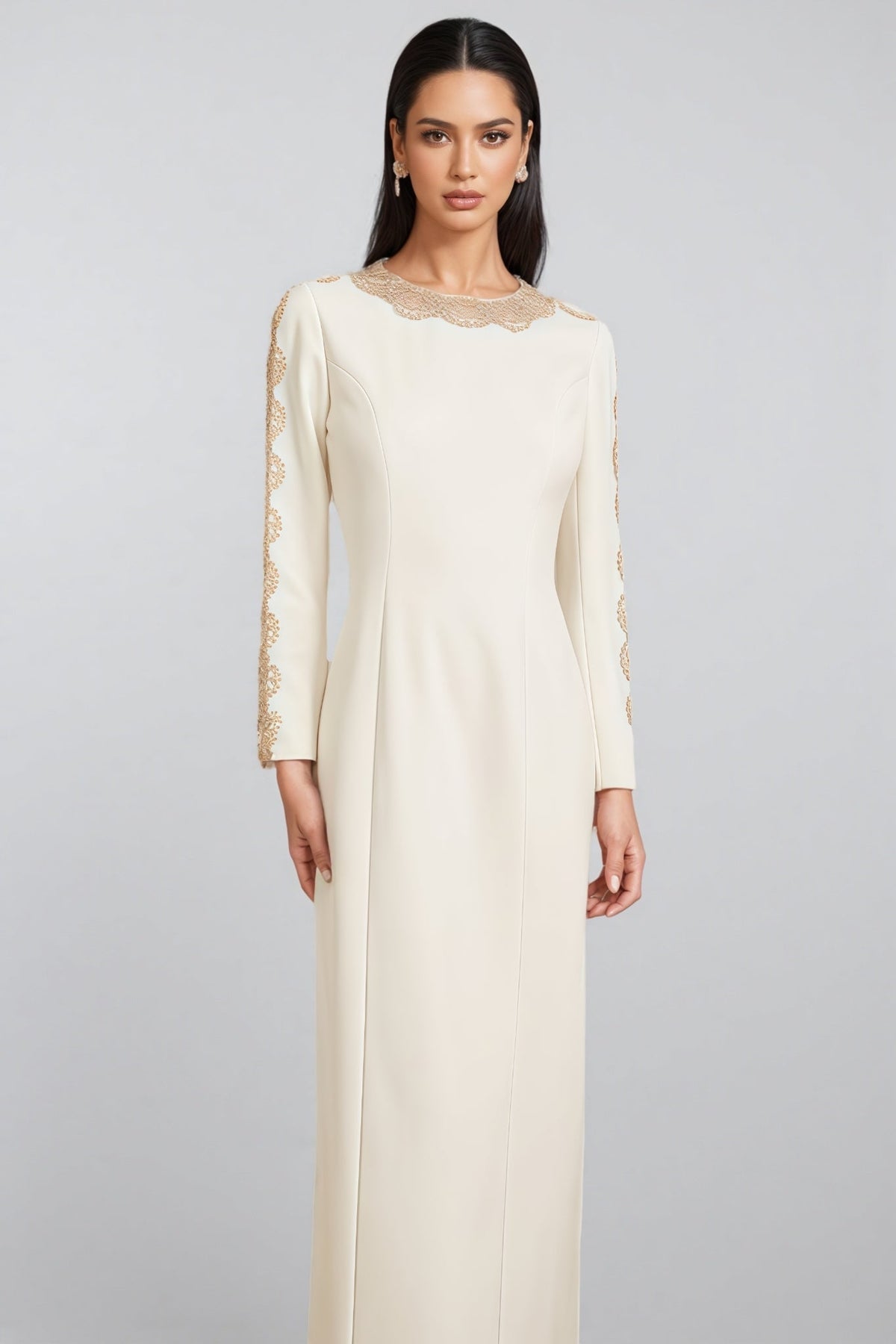 Lace Trim Round Neck Long Sleeve Princess Seam Column Maxi Gown - View 3