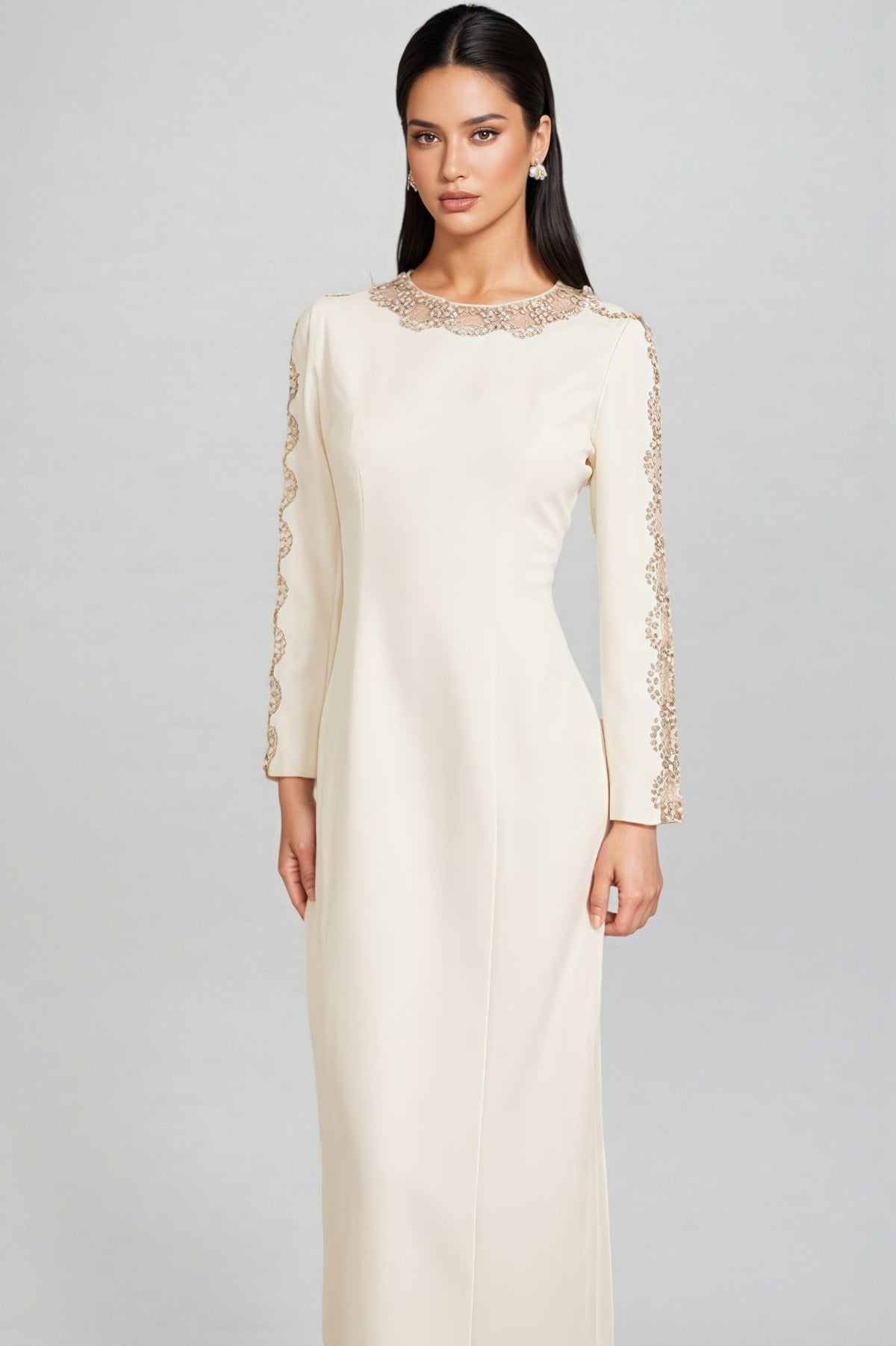 Lace Trim Round Neck Long Sleeve Princess Seam Column Maxi Gown - View 5