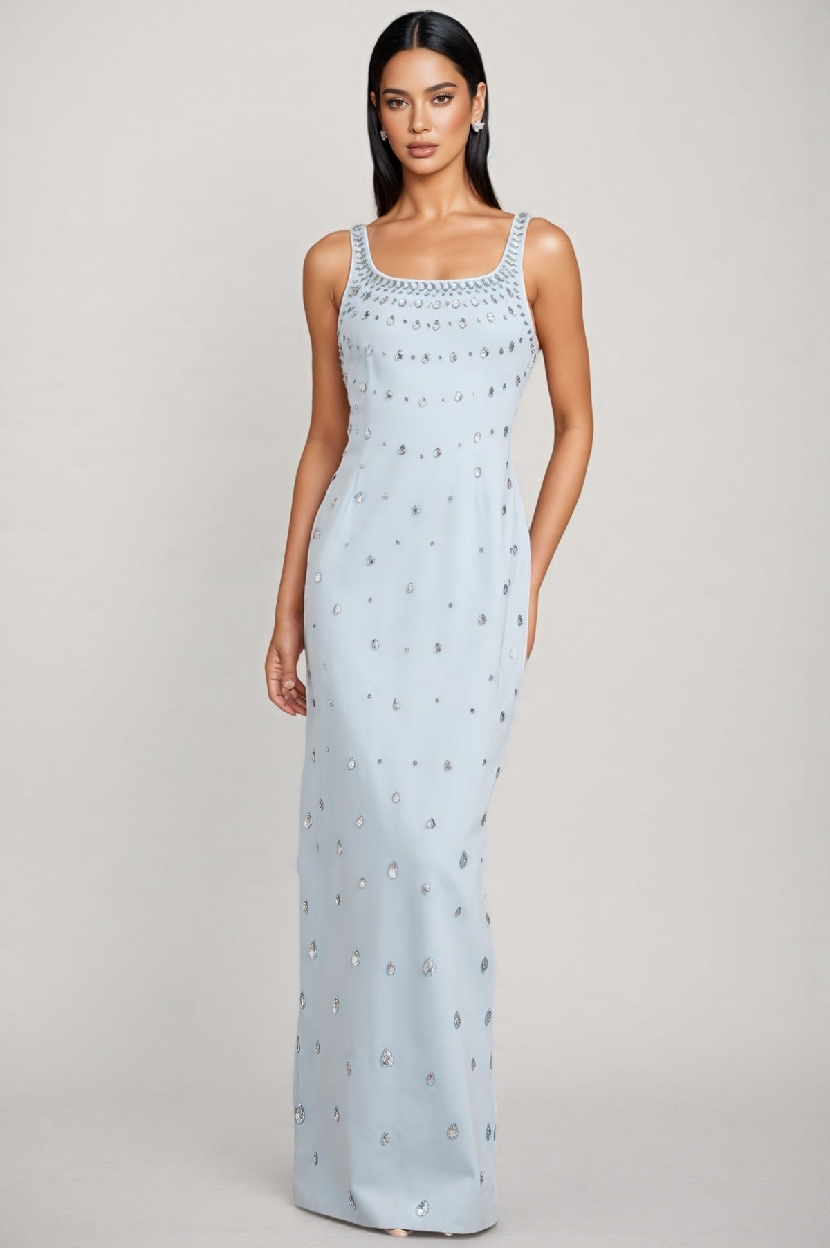 Rhinestone Scoop Neck Sleeveless Teardrop Embellished Column Maxi Gown
