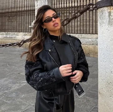 Sequins Shiny Belted Leather Coat Black / S