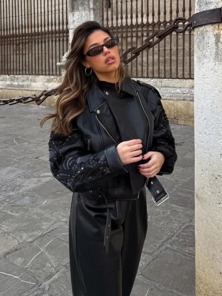 Sequins Shiny Belted Leather Coat