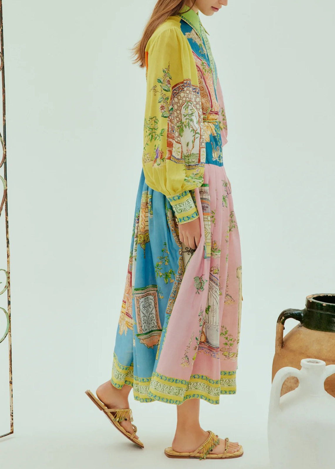 Architectural Patchwork Print Puff Sleeve Midi Shirt Dress - View 2
