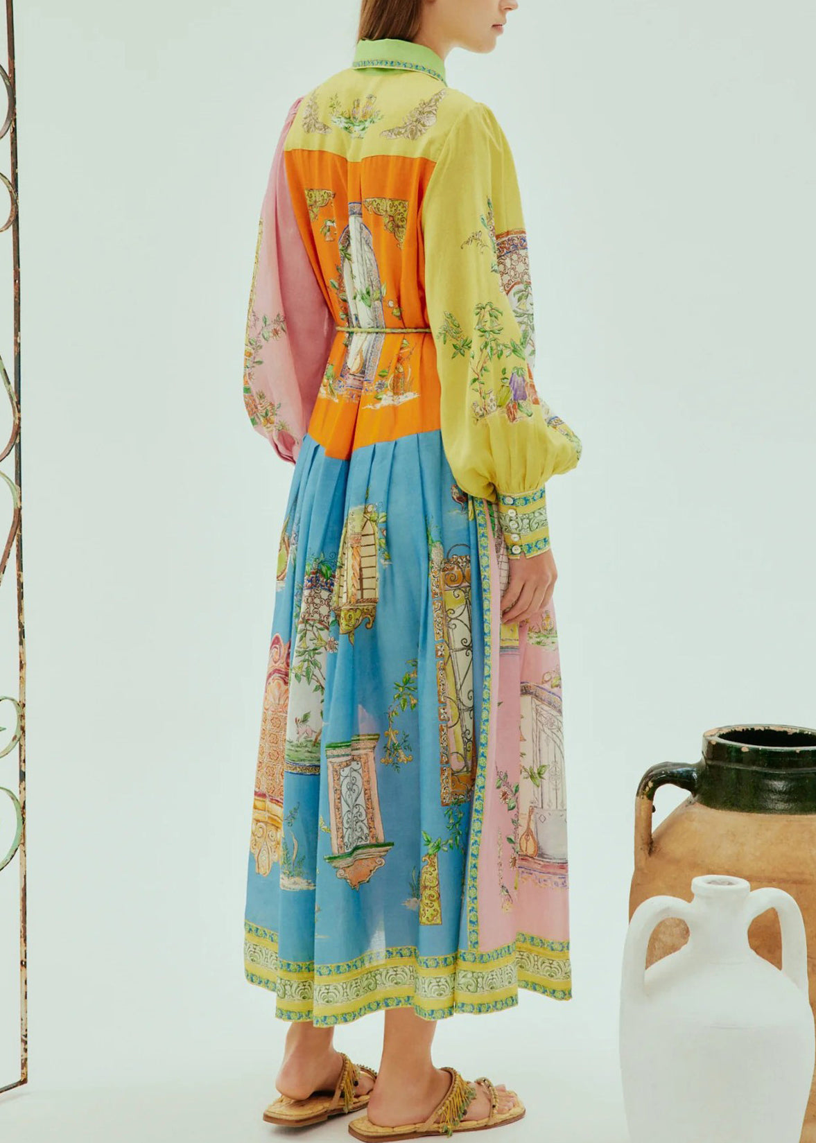 Architectural Patchwork Print Puff Sleeve Midi Shirt Dress - View 3