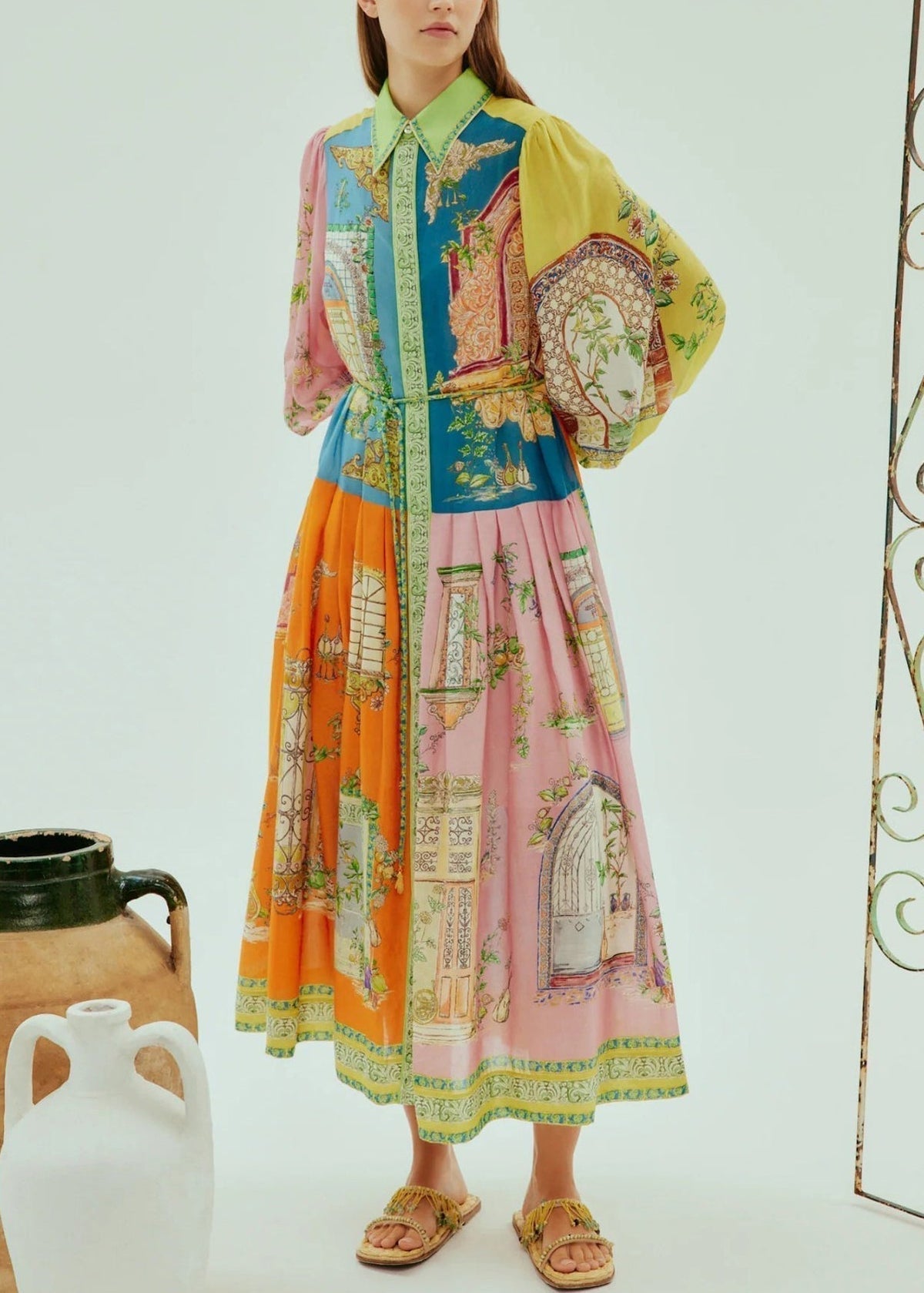 Architectural Patchwork Print Puff Sleeve Midi Shirt Dress - View 4