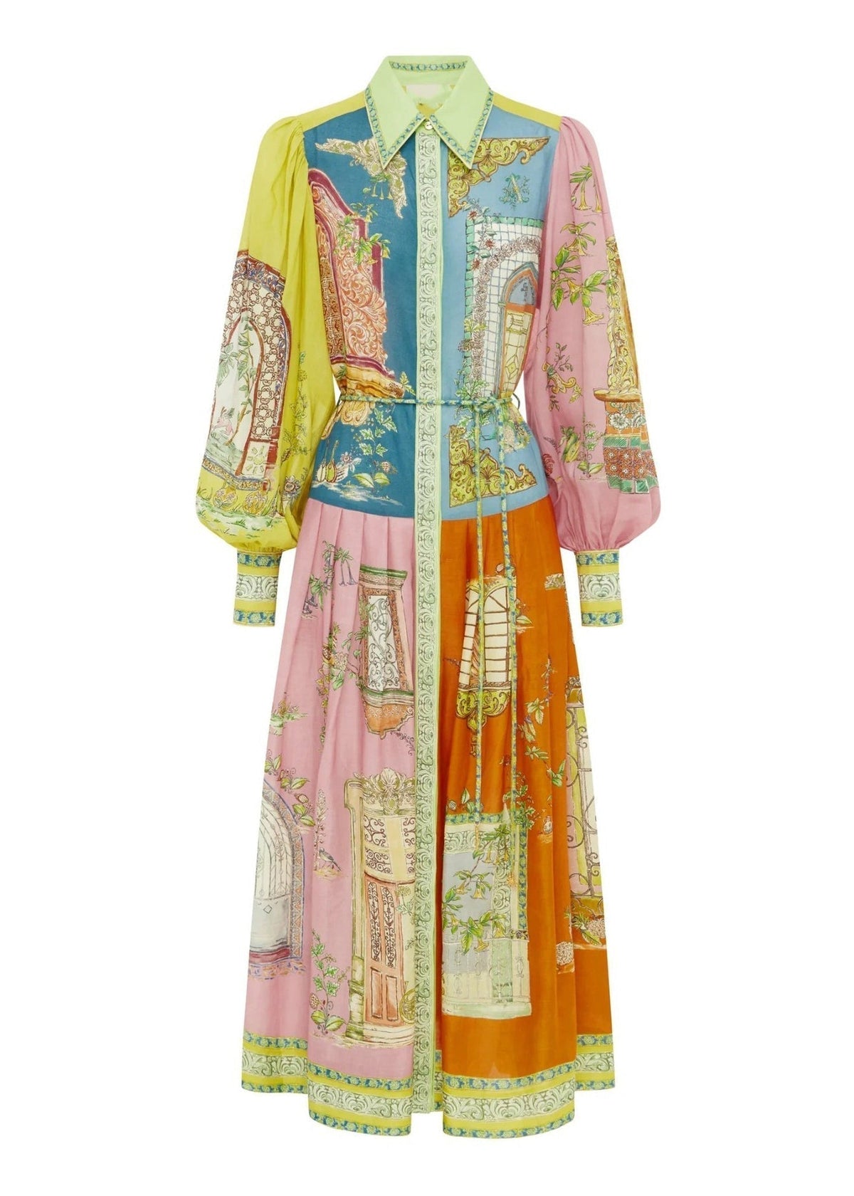 Architectural Patchwork Print Puff Sleeve Midi Shirt Dress - View 5