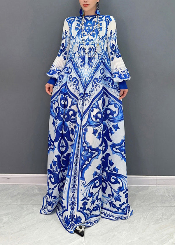 Architectural Print Crew Neck Lantern Sleeve Pleated Maxi Gown