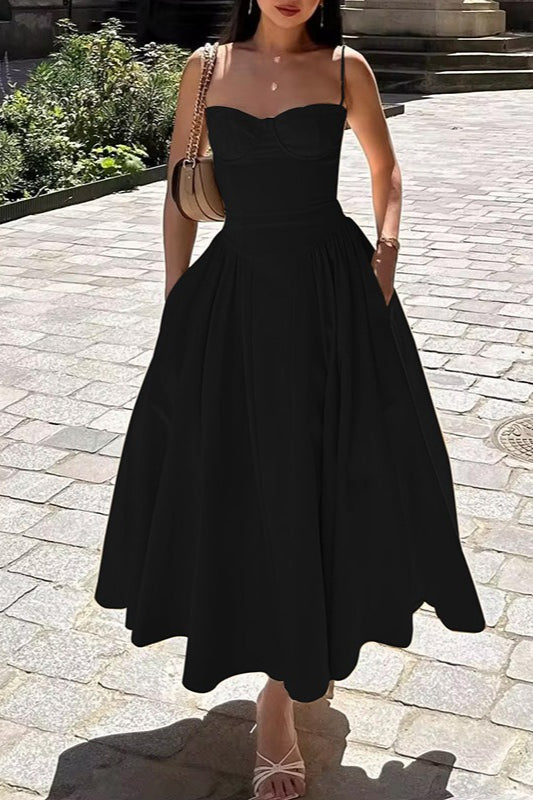 Satin Sweetheart Wide Strap Fit and Flare Midi Dress - View 4