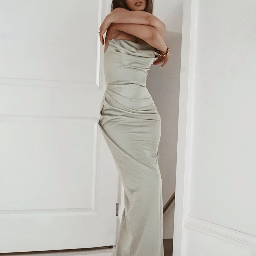 Satin Bandeau Backless Split Dress - View 4