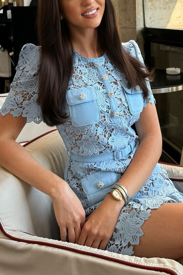 Floral Lace Round Neck Short Sleeve Belted Ruffle Hem Mini Dress - View 7