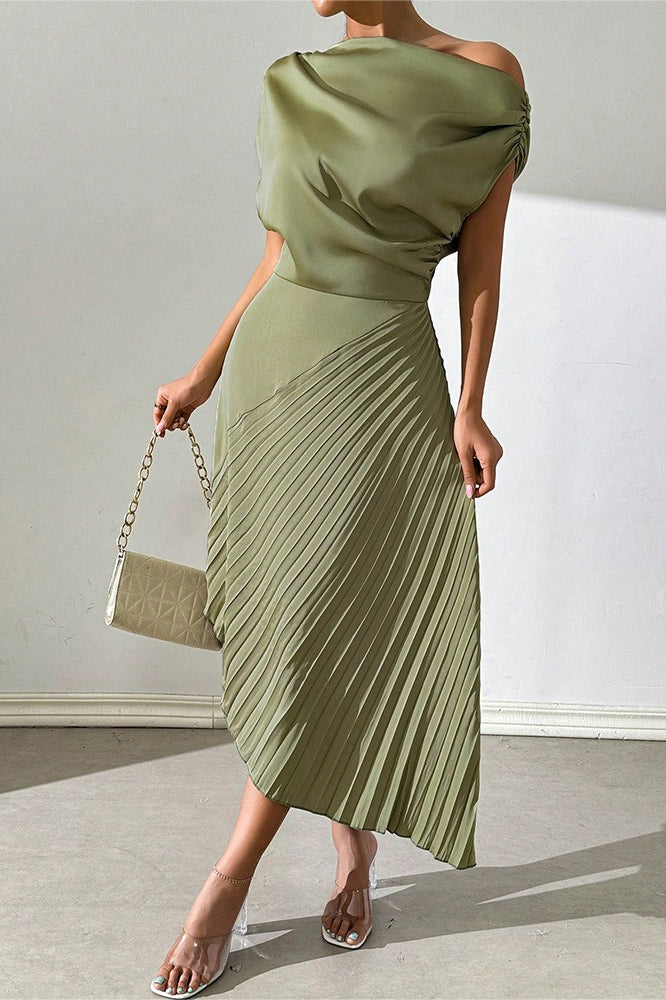 Satin One Shoulder Ruched Pleated Asymmetric Midi Dress - View 2