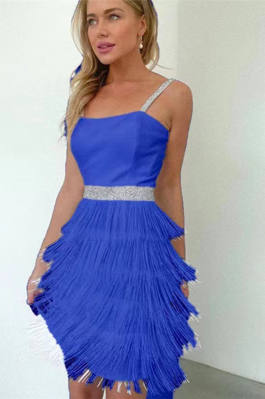 Spaghetti Strap Square Neck Rhinestone Waist Mini Cocktail Dress - View 5