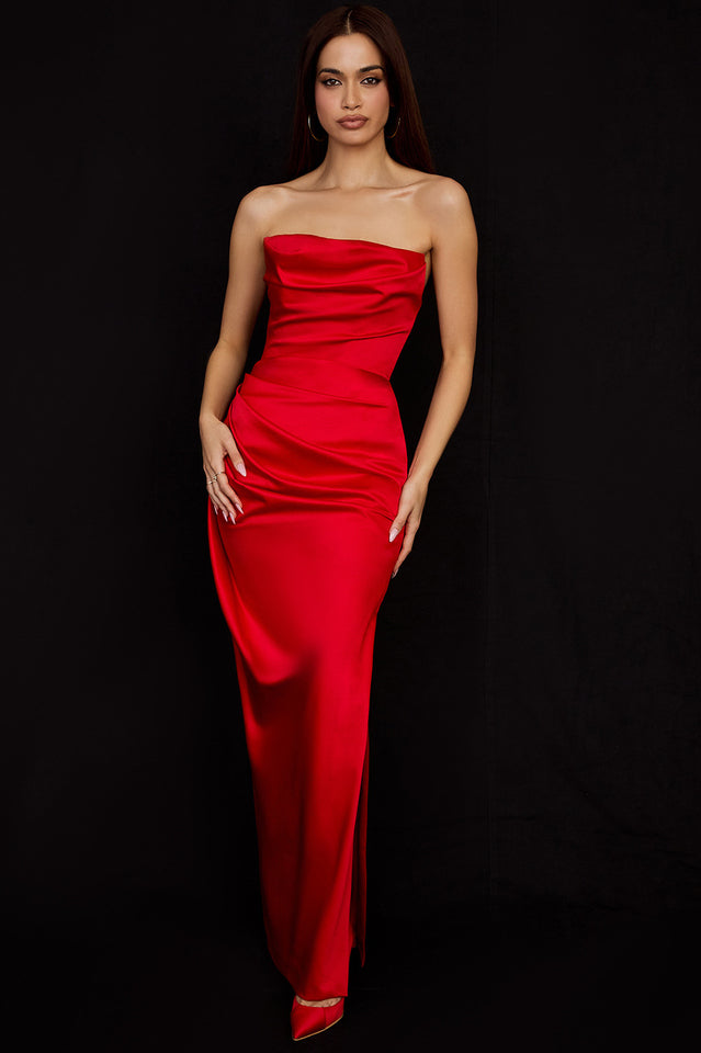 Satin Strapless Corset Maxi Dress in Pink - View 20
