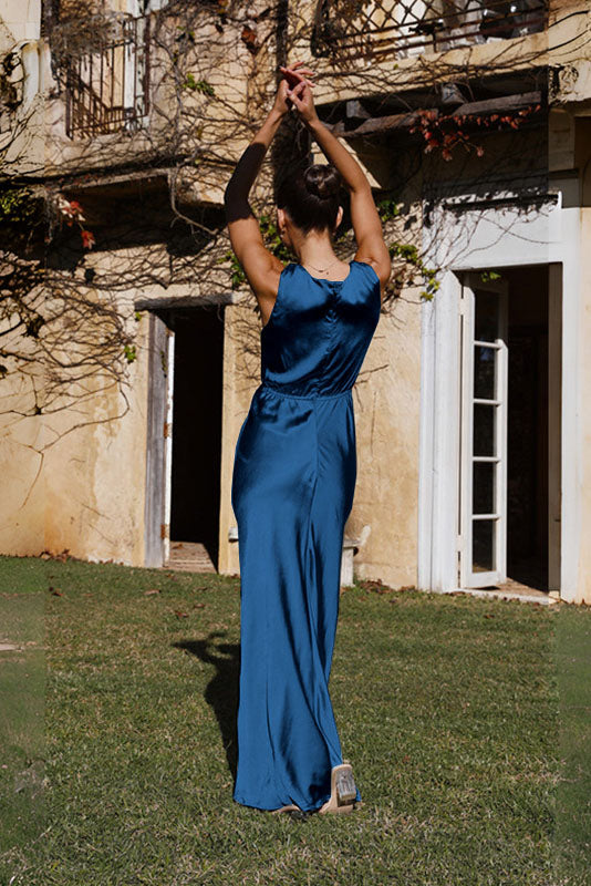 Satin Sleeveless Gathered Waist Column Slip Maxi Dress - View 4