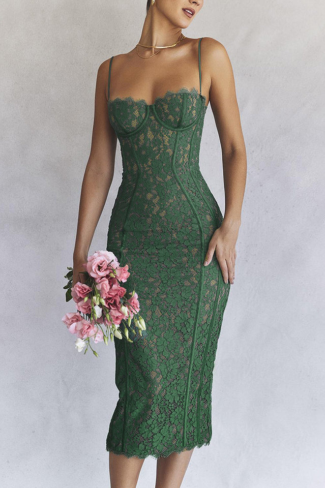 Joelle Forest Lace Midi Dress in Green - View 7