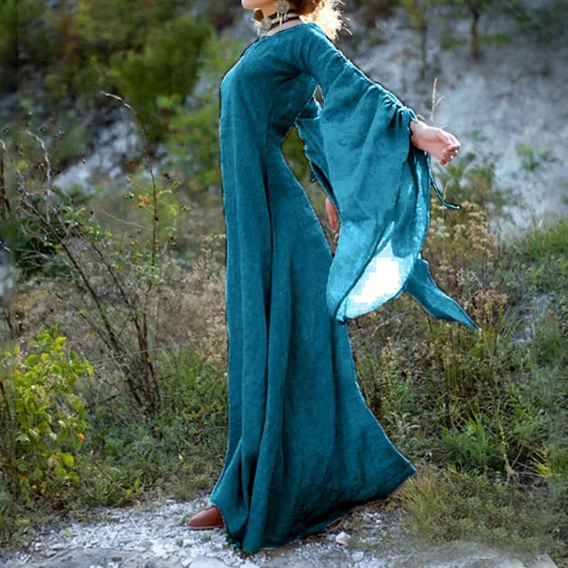 Bell Sleeve Scoop Neck Flowy Linen Look Maxi Dress - View 4