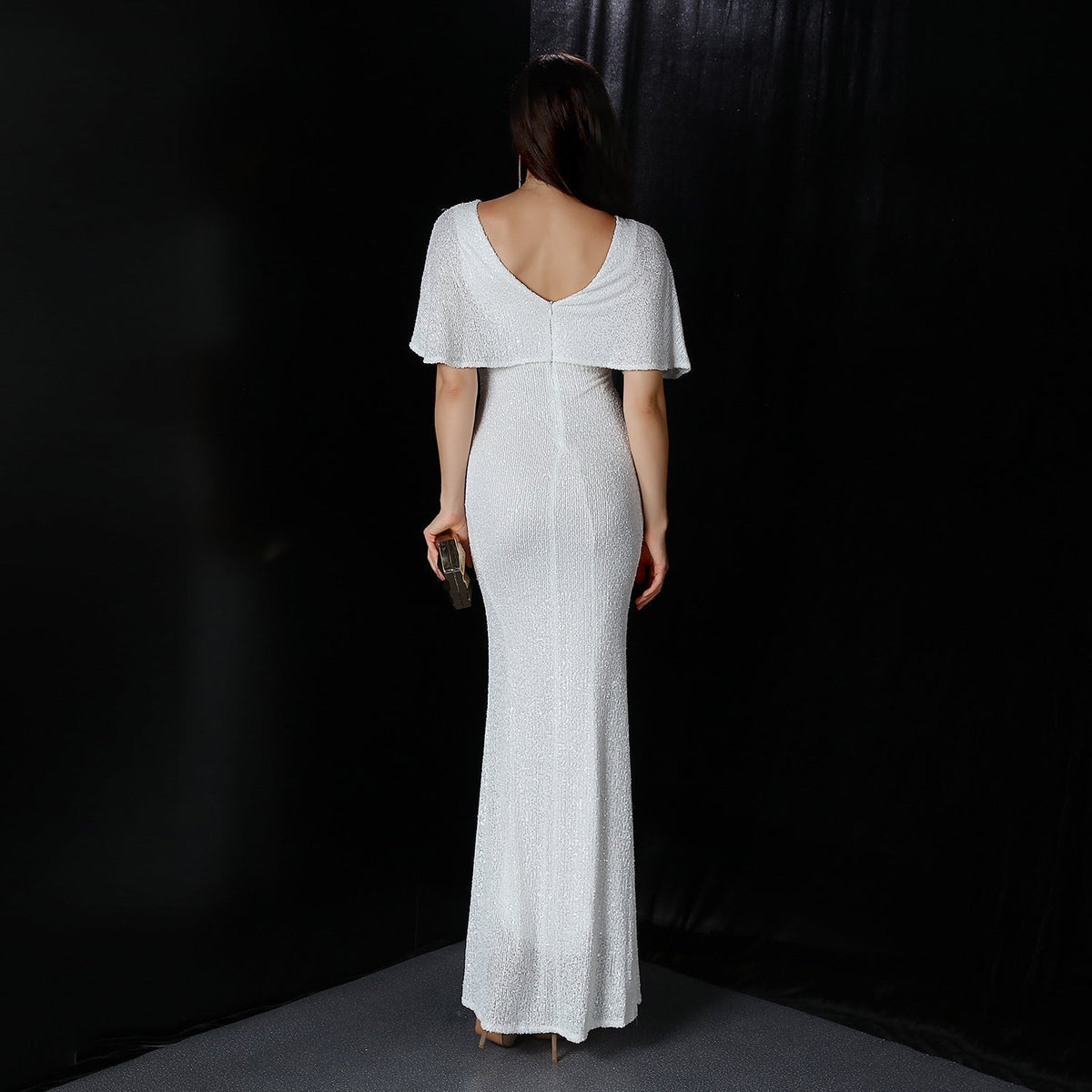 Sequin Round Neck Flutter Sleeve Mesh Yoke Mermaid Maxi Gown 19