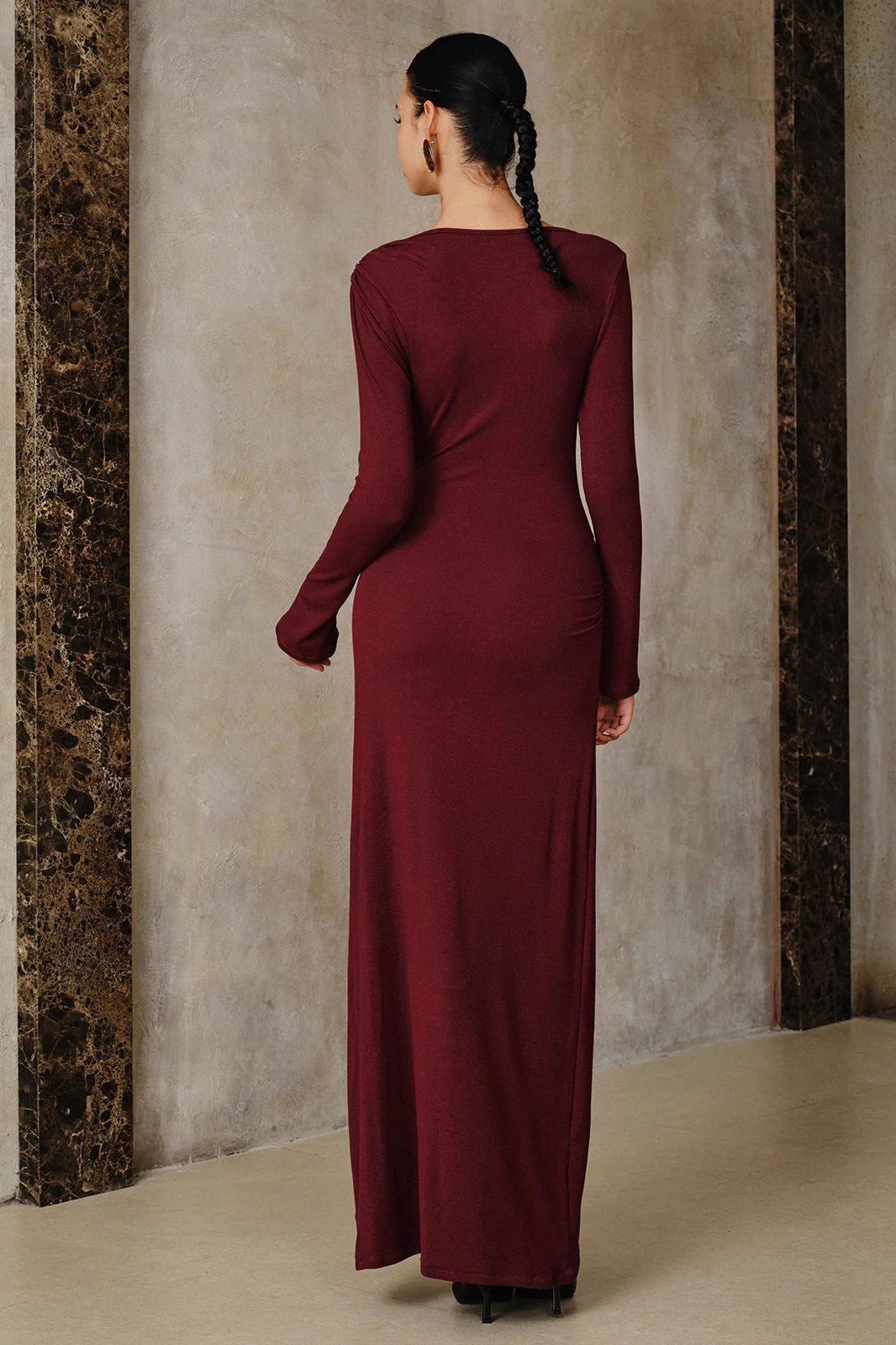 Boat Neck Long Sleeve Ruched Metallic Trim Bodycon Midi Dress - View 3