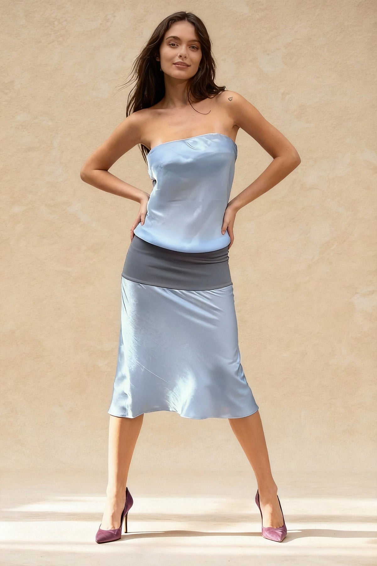 Strapless Contrast Satin Midi Dress - View 3