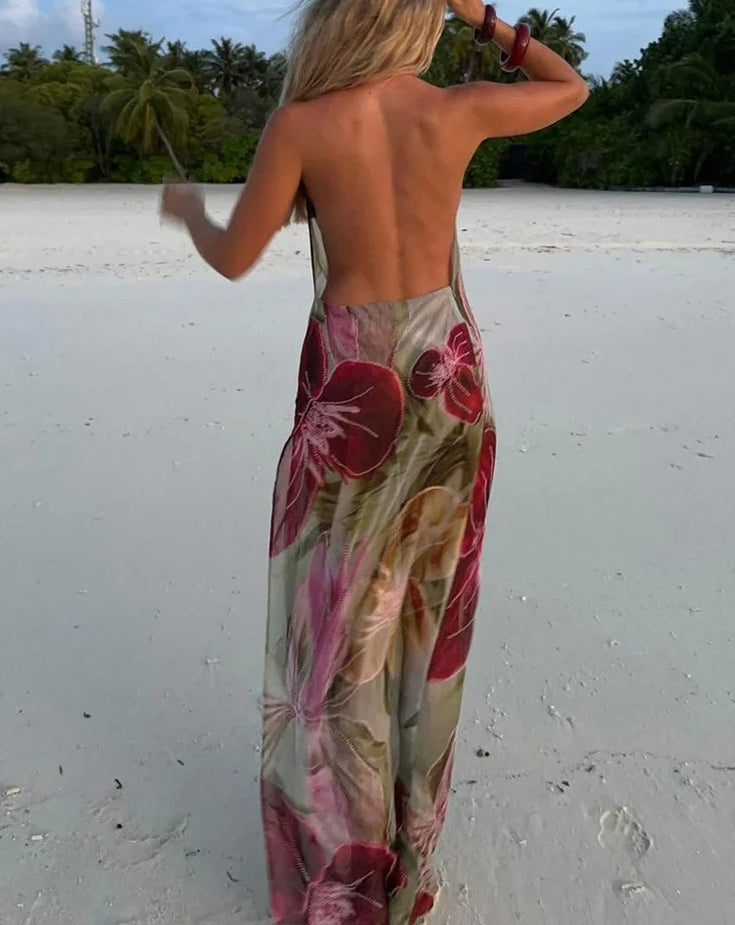 Floral Print Halter Neck Cowl Backless High Split Maxi Dress - View 2