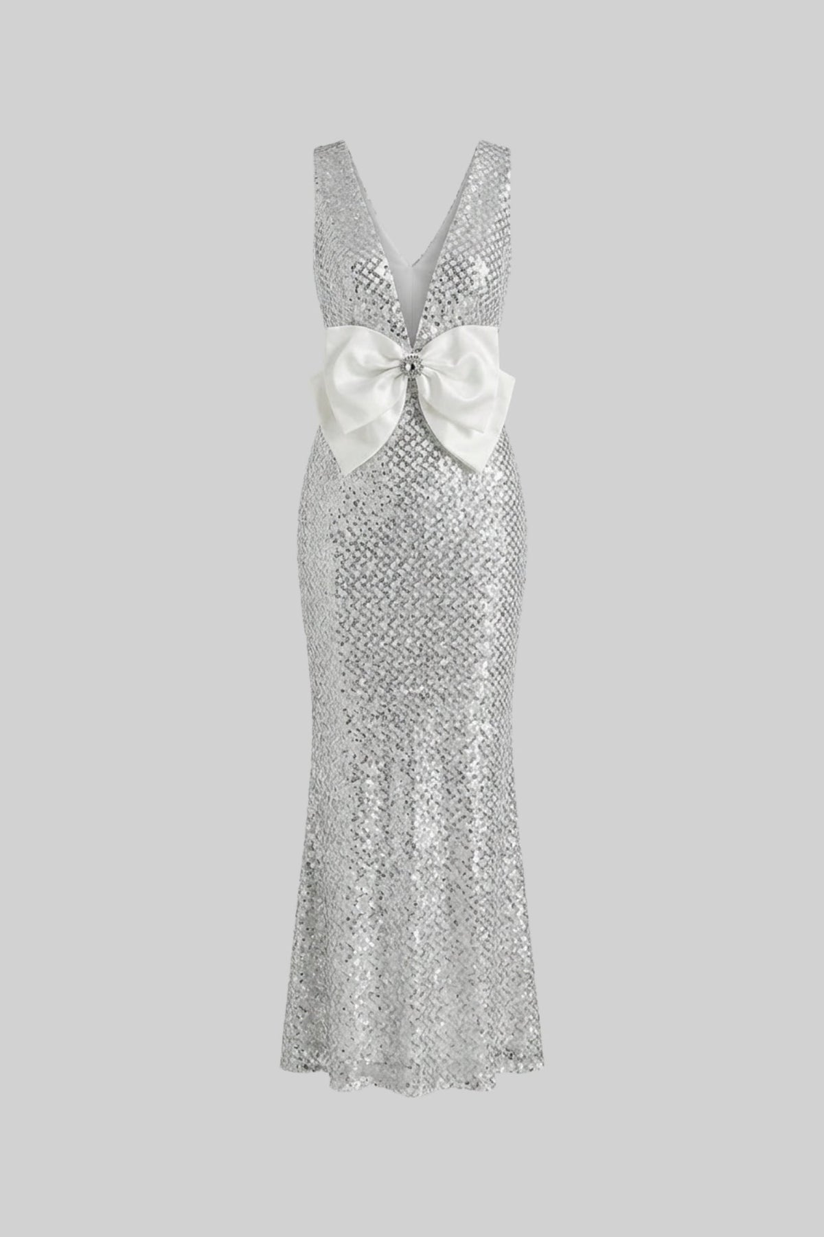 Sequin Maxi Dress With Satin Bow Detail - Light Grey - View 2