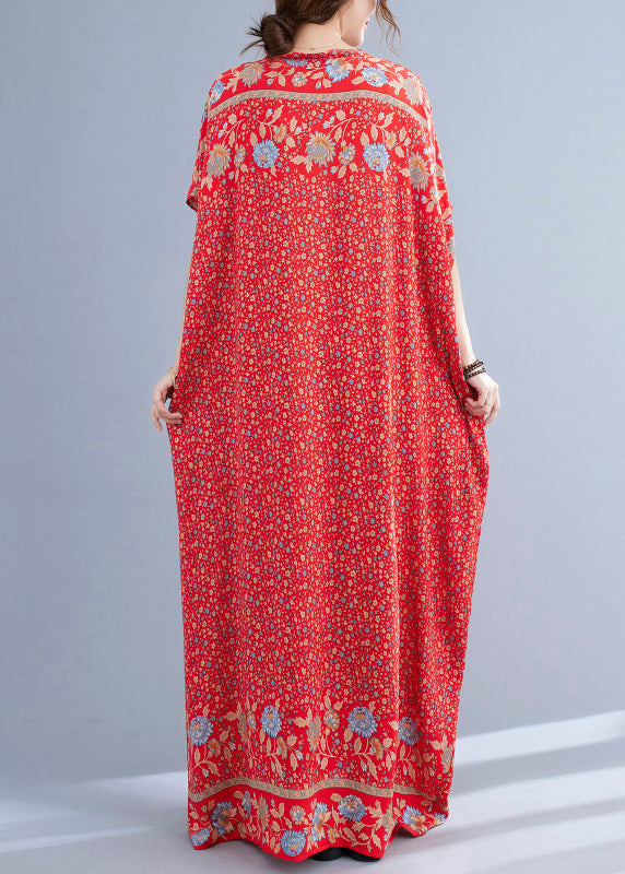 Floral Border Print V-Neck Drop Shoulder Short Sleeve Loose Maxi Dress - View 5