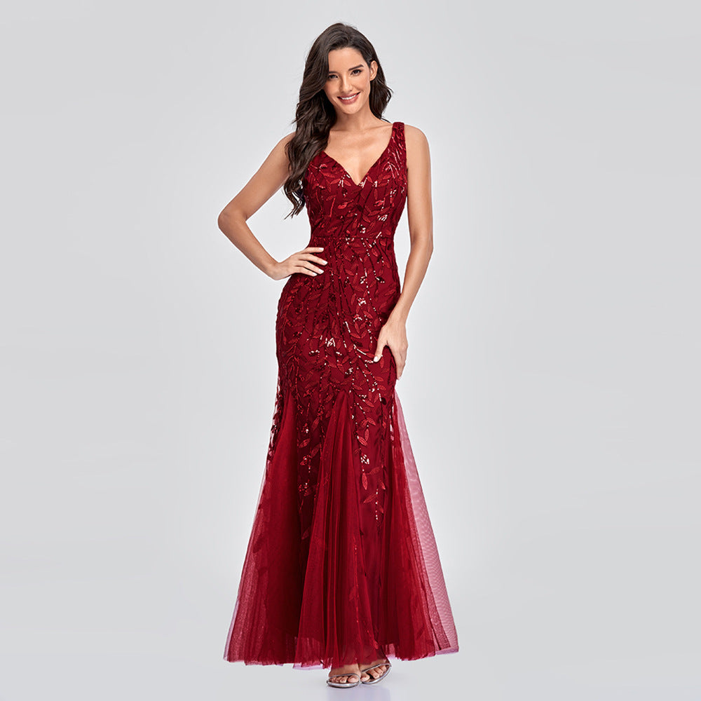 Sequin V-Neck Sleeveless Mermaid Maxi Evening Gown - View 6