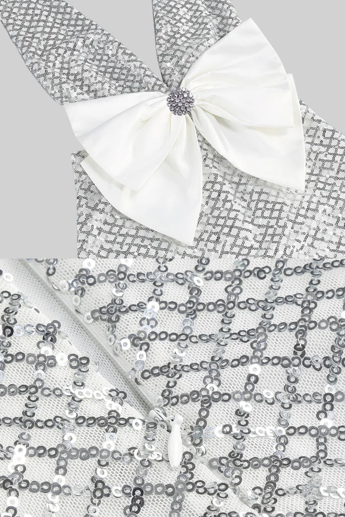 Sequin Maxi Dress With Satin Bow Detail - Light Grey - View 9