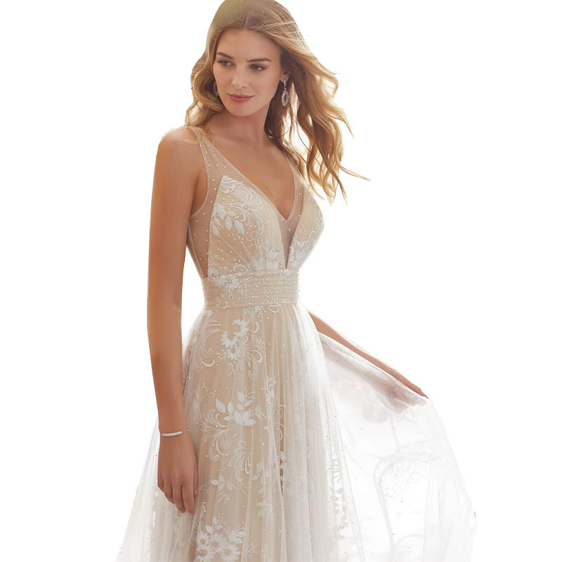 Lace Floral Deep V-Neck Sleeveless Beaded Waist Cape Train Gown - View 4