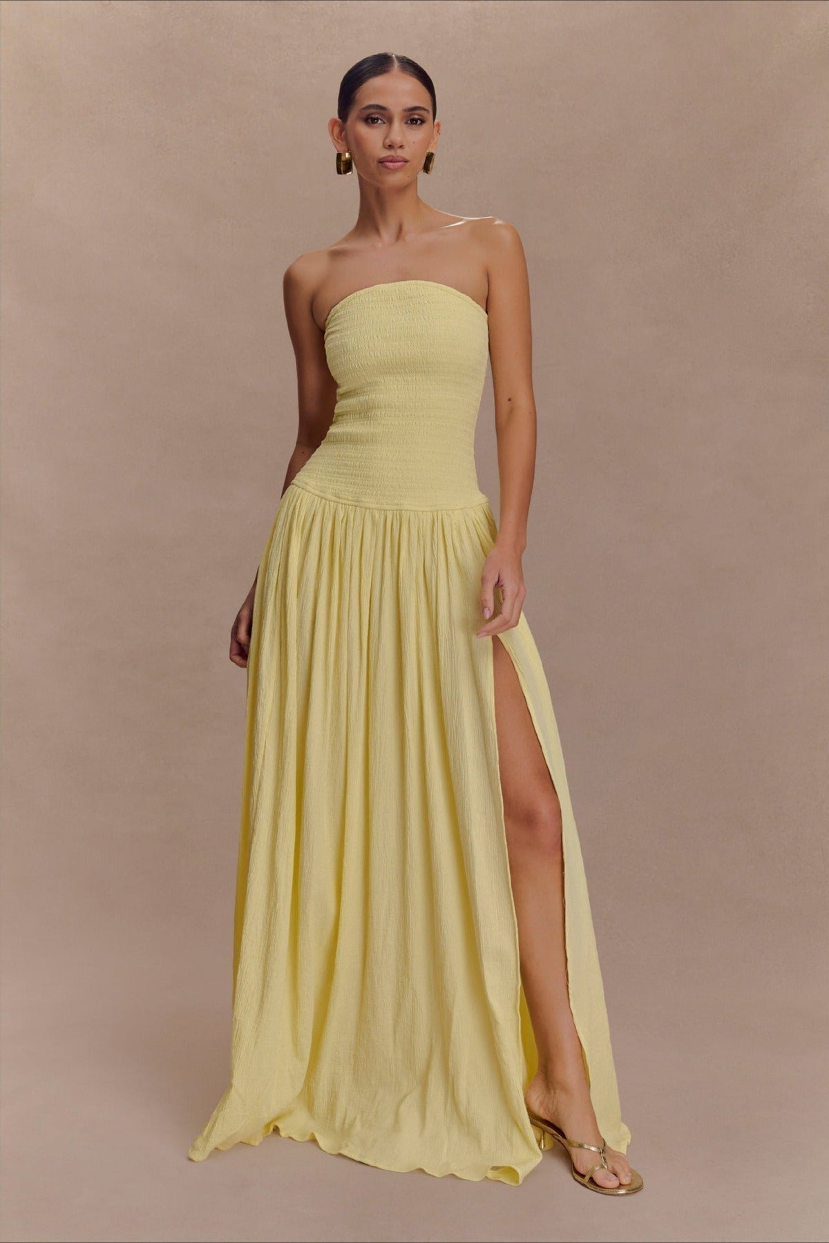 Strapless Ruched High Split Flowy Maxi Prom Dress - View 8