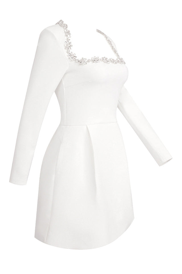 Rhinestone Trim Square Neck Long Sleeve Pleated Pocket Mini Dress - View 14